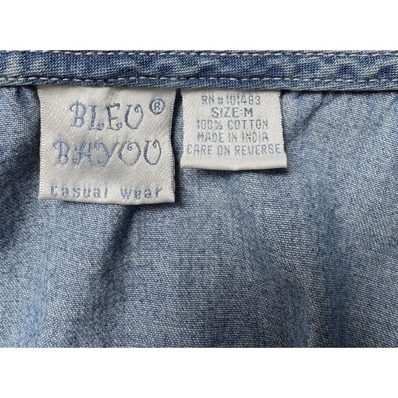 BLEU BAYOU Women Denim Midi Dress Sz M Blue Embroider Patches Short Sleeve 26-11 - Picture 7 of 11